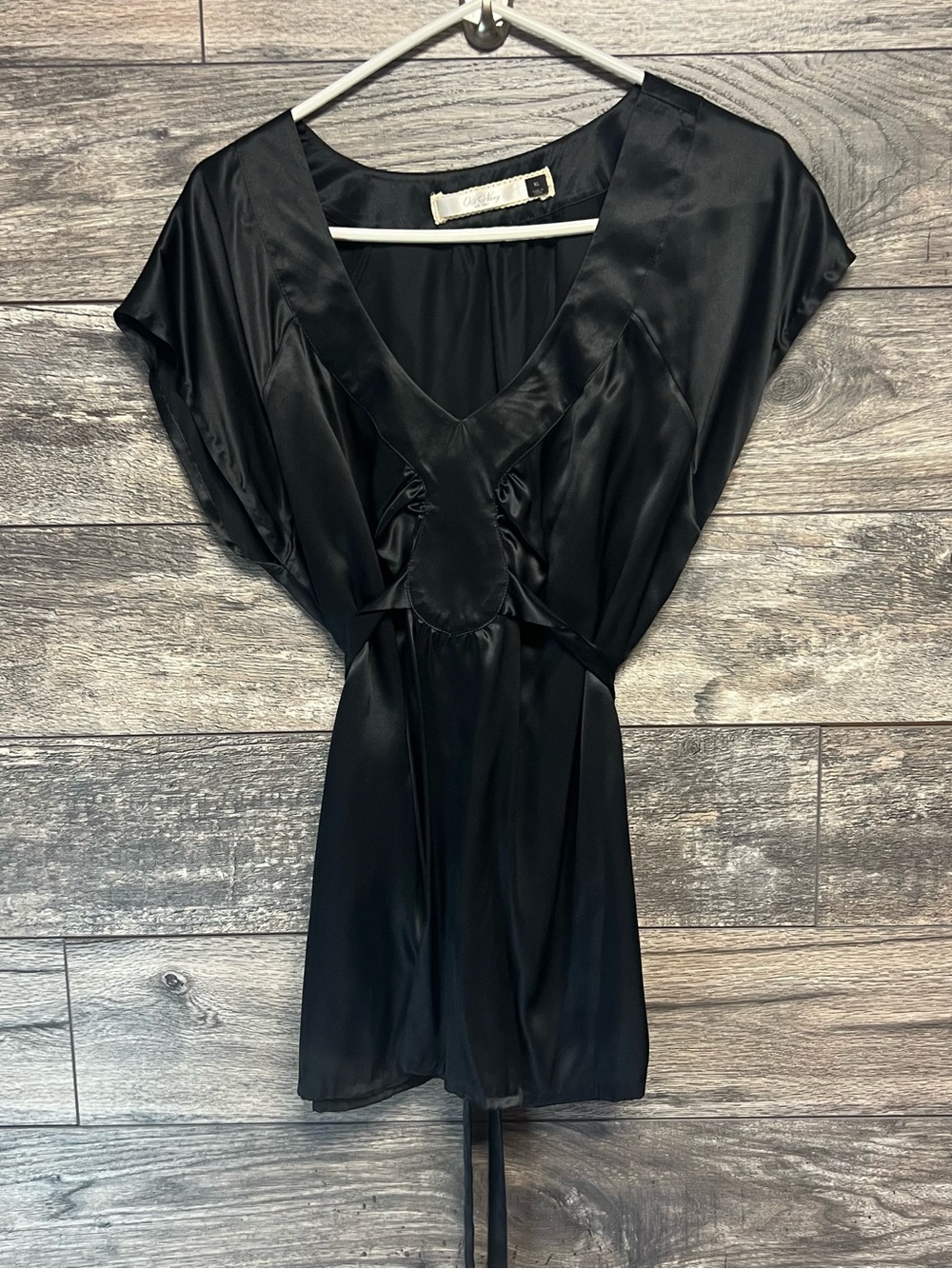 Old Navy 100% Silk Black Satin Tunic Blouse Women’s XL Tie Waist Y2K